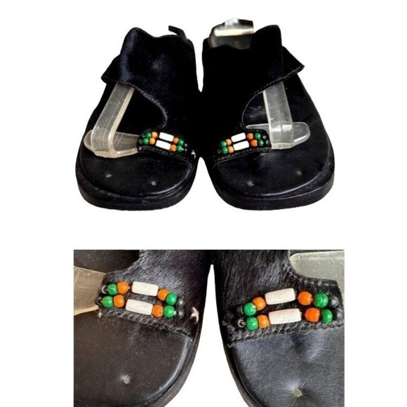 Naked Feet Sandals Flats 8.5 Beaded Toe Loop Black Leather Nubuck Square… - Picture 3 of 13